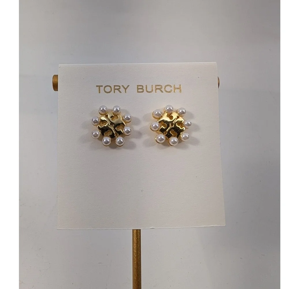 Tory Burch Kira Pearl Logo Stud Earrings Gold Tone‎ White Faux Pearl - NEW